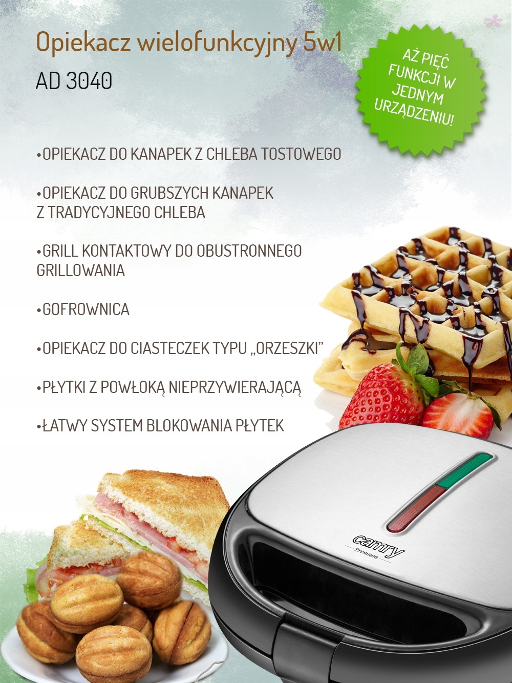 OPIEKACZ 5w1 GOFRY ORZESZKI GRILL TOSTY AD3040