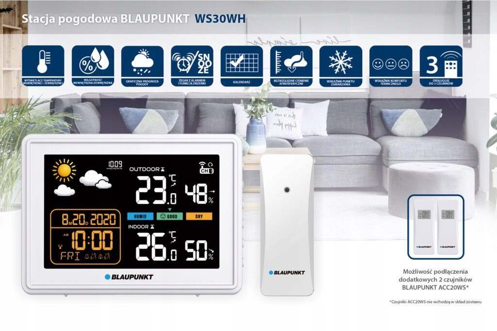 Stacja pogodowa BLAUPUNKT WS30WH Higrometr Alert 2 czujniki