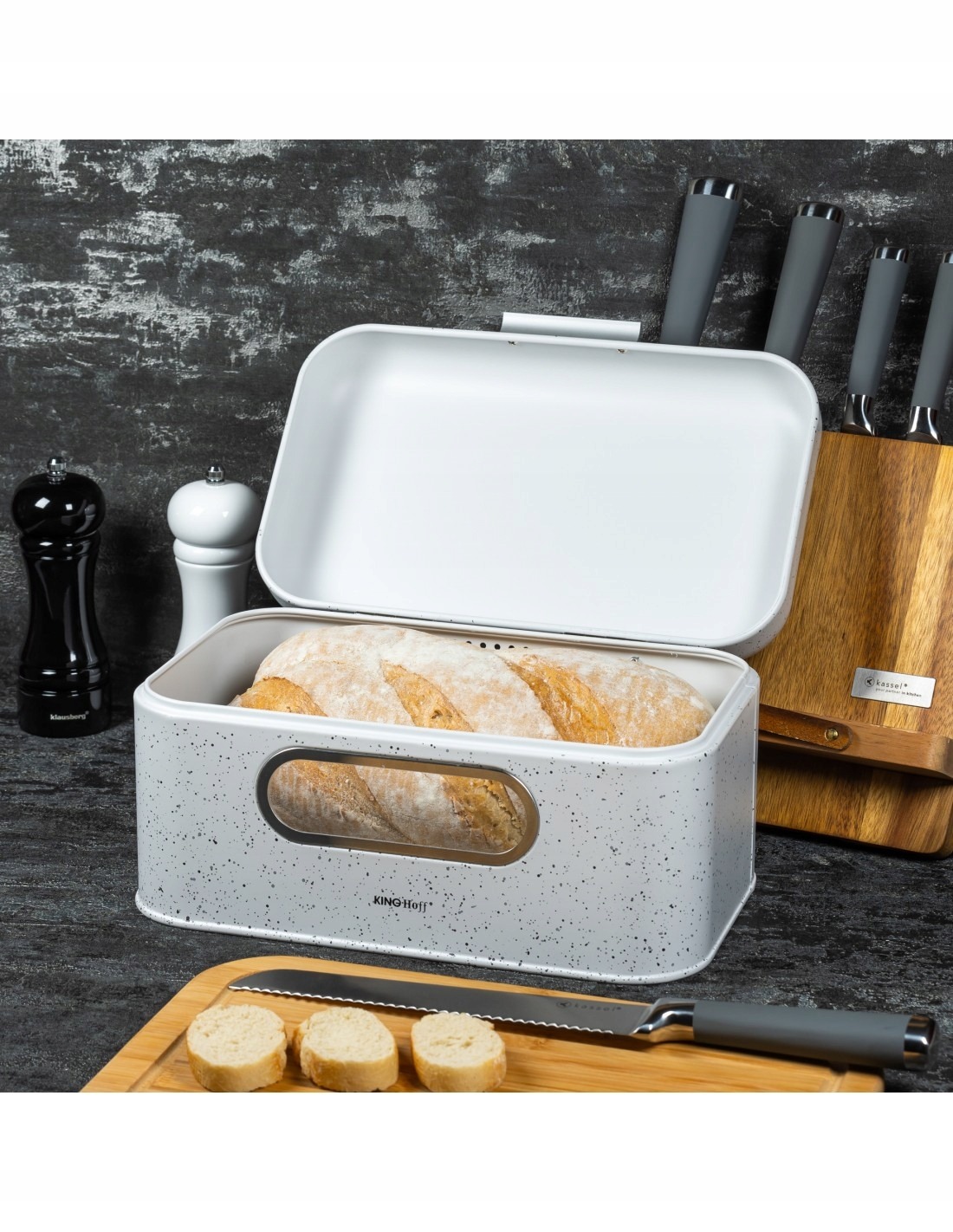 CHLEBAK STALOWY Z OKIENKIEM MARMUREK BIAŁY