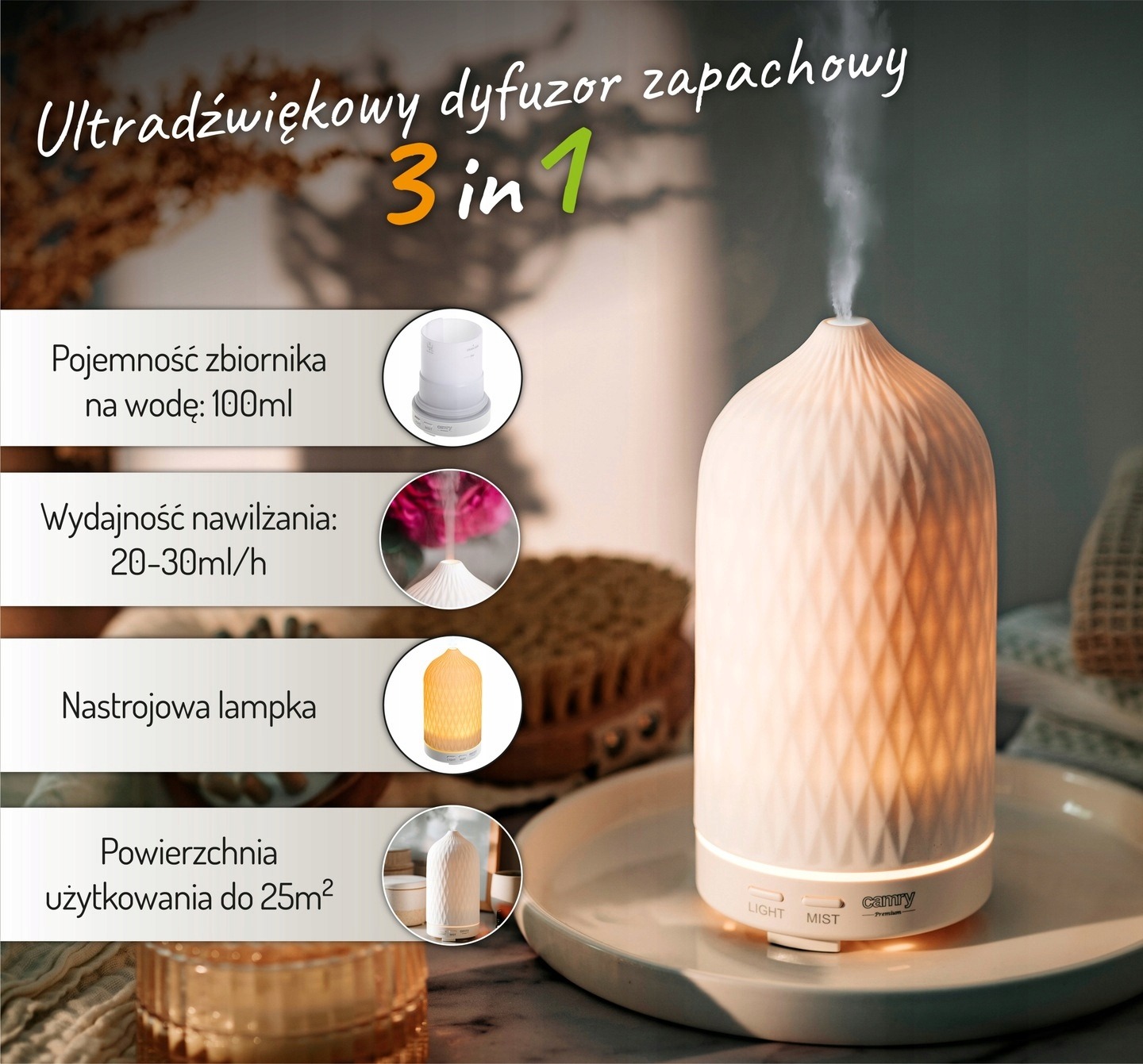 Nawilżacz Powietrza Dyfuzor Zapachowy Aromaterapia