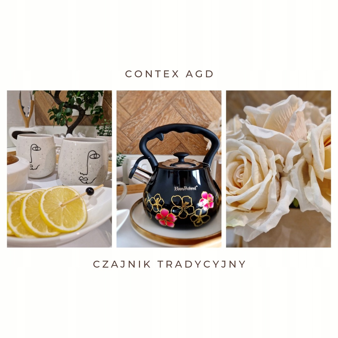 Czajnik stalowy z gwizdkiem 3L Indukcja GAZ CZARNY w kwiatki