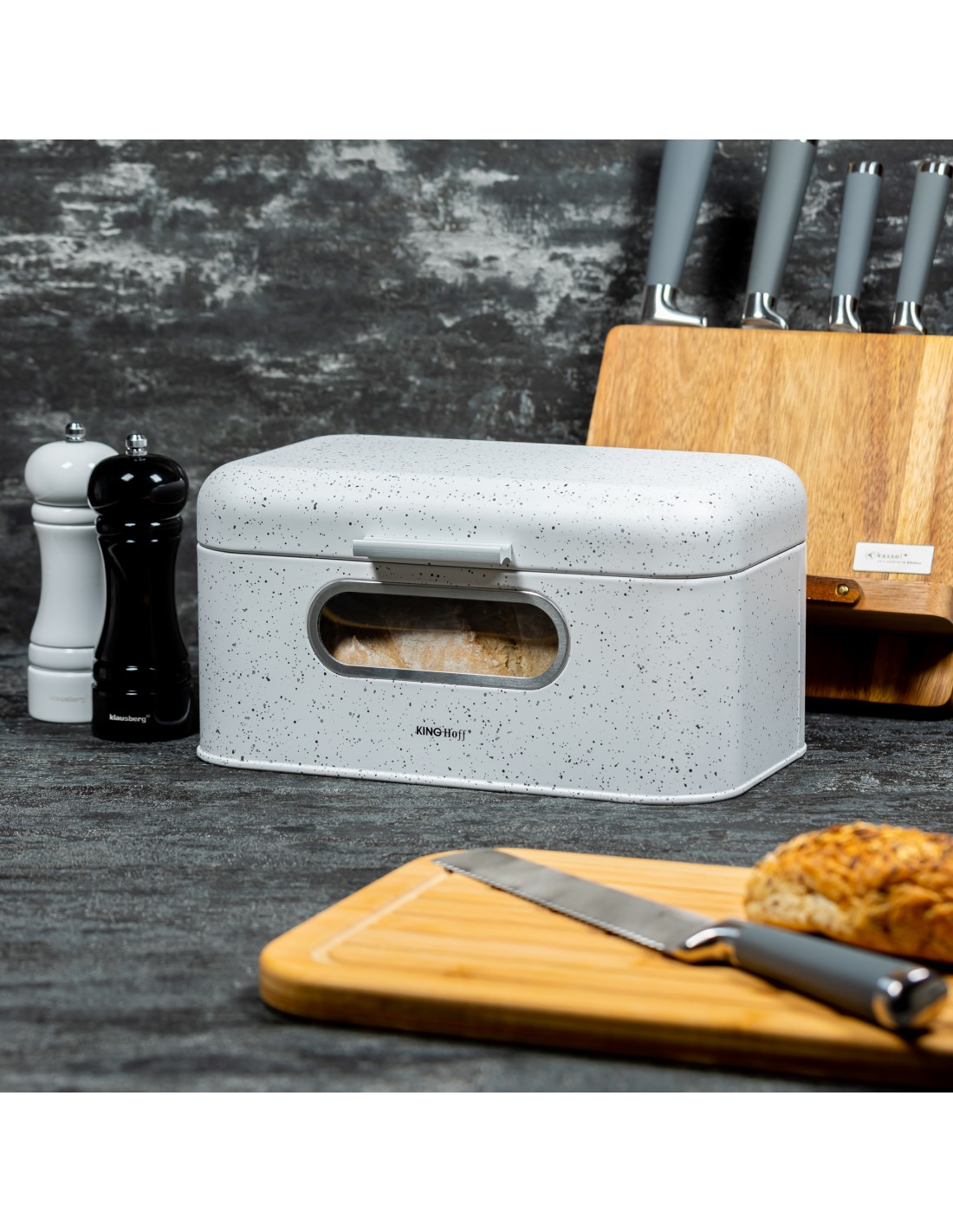 CHLEBAK STALOWY Z OKIENKIEM MARMUREK BIAŁY