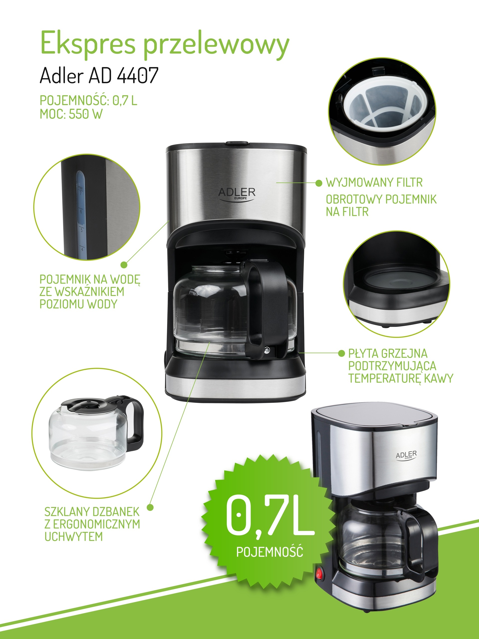 EKSPRES DO KAWY PRZELEWOWY 550W FILTR ADLER AD4407