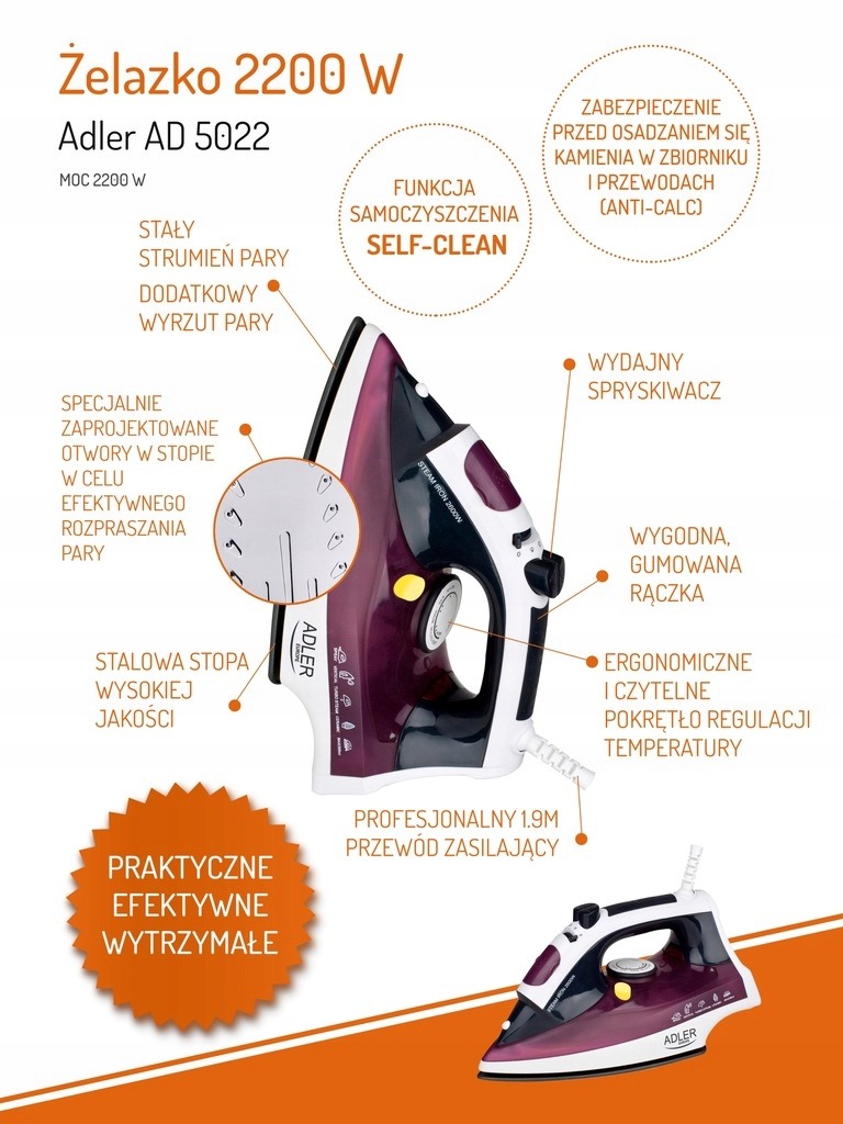 MOCNE ŻELAZKO PAROWE SAMOCZYSZCZENIE 3000W AD5022